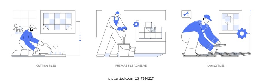 Tile flooring abstract concept vector illustration set. Builder in uniform cutting tiles, mixing adhesive and laying tile floor, porcelain and ceramic surface, interior works abstract metaphor.