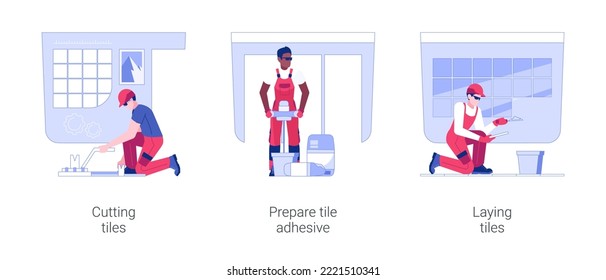 Tile flooring isolated concept vector illustration set. Builder in uniform cutting tiles, mixing adhesive and laying tile floor, porcelain and ceramic surface, interior works vector cartoon.