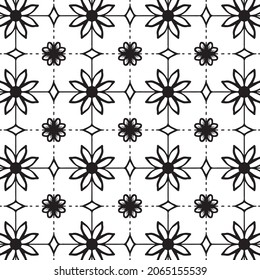 Tile floral stencil seamless pattern. Black floral and geometric background. Traditional repeating pattern. Vector monochrome pattern. Abstract vintage print for packaging, ceramic tiles.