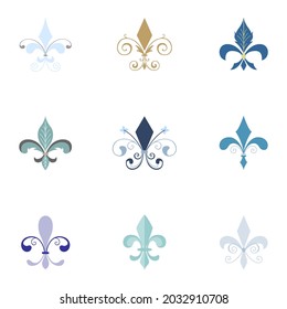 Tile flourishes. Medieval floral ornaments. Wedding and romantic fleur de lis decorations set. Lis flower french collection. Antique and vintage decorations. Middle age decorations and emblems.