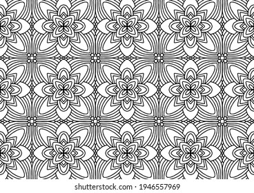 tile with flowers and abstract figures in folk style drawn on a white background for coloring, vector