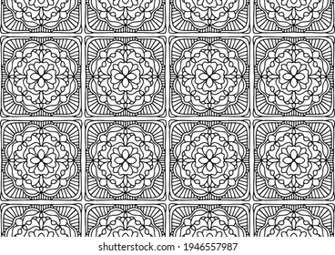 tile with flowers and ornaments in folk style drawn on a white background for coloring, vector