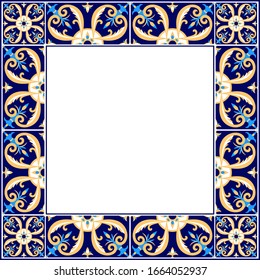 Tile frame vector. Border ceramic pattern. Retro decor ornament design. Mexican talavera, italian sicily majolica, portuguese azulejos, spanish mosaic motifs.