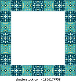 Tile frame vector. Border ceramic pattern. Vignette majolica ornament design. Traditional Mexico talavera; Portuguese azulejos; Italian venetian or Sicily mosaic print; Spain motifs.