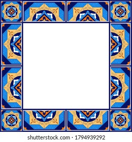 Tile frame vector. Ceramic border pattern. Geometric ornament design. Sicily italian majolica, portuguese azulejos, mexican talavera, spanish mosaic motifs.