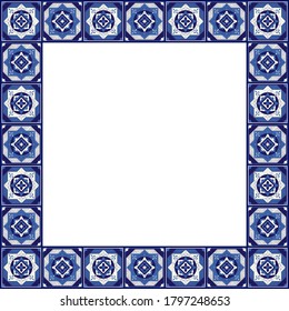 Tile frame vector. Ceramic border pattern. Blue and white ornament design. Sicily italian majolica, portuguese azulejos, mexican talavera, spanish mosaic motifs.