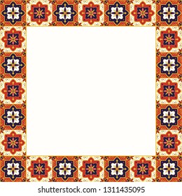 Tile frame vector. Vintage border pattern. Traditional ceramic decor design. Mexican talavera, italian sicily majolica, spanish mosaic, portuguese azulejos, motifs.