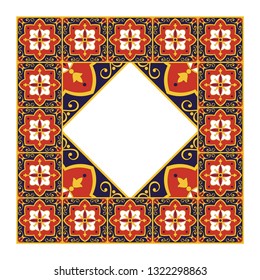 Tile frame vector. Vintage border pattern. Red, blue and yellow mosaic ceramic decor design. Mexican talavera, italian sicily majolica, spanish, portuguese azulejos, motifs.