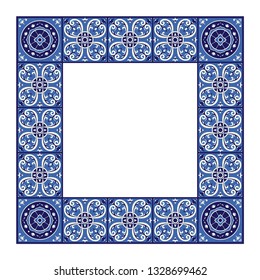 Tile frame vector. Vintage border pattern. Ceramic decor design. Mexican talavera, spanish mosaic, portugal azulejos, italian sicily majolica motifs.