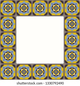 Tile frame vector. Vintage border pattern. Antique ornamental ceramic decor design. Spanish mosaic, portugal azulejos, italian sicily majolica, mexican talavera motifs.