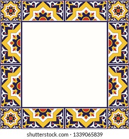 Tile frame vector. Vintage border pattern. Traditional ornamental ceramic decor design. Italian sicily majolica, spanish mosaic, portugal azulejos, mexican talavera motifs.