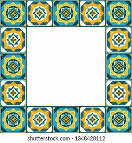 Tile frame vector. Vintage border pattern. Traditional ornamental ceramic decor design. Mexican talavera, sicily majolica, spanish mosaic, portugal azulejos, moroccan, arab, greek motifs.