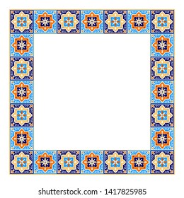 Tile frame vector. Vintage border ceramic pattern. Home decor ornament design. Mexican talavera, spanish mosaic, portugal azulejos, moroccan arabesque, italian sicily majolica motifs.