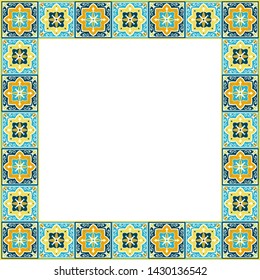 Tile frame vector. Vintage border ceramic pattern. Venetian ornament design. Mexican talavera, spanish mosaic, portugal azulejos, moroccan arabesque, italian sicily majolica motifs.