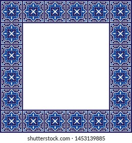 Tile frame vector. Vintage border ceramic pattern. Traditional ornament design. Mexican talavera, spanish mosaic, portugal azulejos, moroccan arabesque, italian sicily majolica motifs.