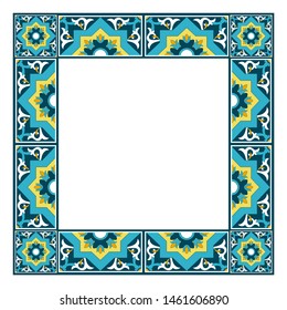Tile frame vector. Vintage border ceramic pattern. Old ornament design. Mexican talavera, spanish mosaic, portugal azulejos, moroccan arabesque, italian sicily majolica motifs.