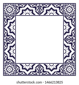 Tile frame vector. Vintage border ceramic pattern. Porcelain ornament design. Mexican talavera, spanish mosaic, portugal azulejos, moroccan arabesque, italian sicily majolica motifs.