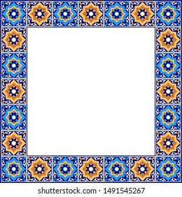 Tile Frame Vector. Vintage Ceramic Border Pattern. Flower Mosaic Decor Design. Portuguese Azulejos, Mexican Talavera, Italian Sicily Majolica, Spanish Ornament.