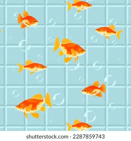 Tile with goldfish and bubbles.Vector pattern with goldfish and bubbles on a colored tile.