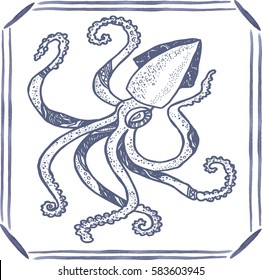 Tile with hand drawn blue squid. Vector