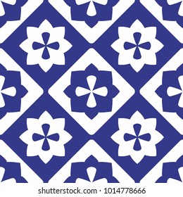 Tile indigo blue and white decorative floor tiles vector pattern or seamless background