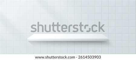 Tile kitchen wall with shelt and light overlay. Minimal scene studio, ceramic tile wall or floor and white shelf. 