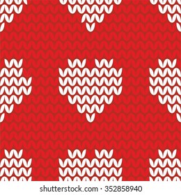 Tile knitting vector pattern with white hearts on red background
