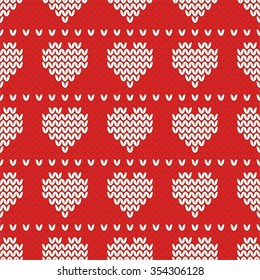 Tile knitting vector pattern with white hearts on red background