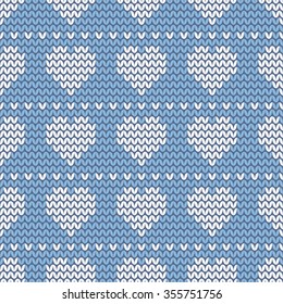 Tile knitting vector pattern with white hearts on blue background