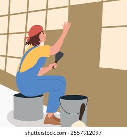 Tile laying during home repair and renovation. Tiler, repairman in bathroom. Builder installing, fixing on wall. Hand drawn vector illustration.