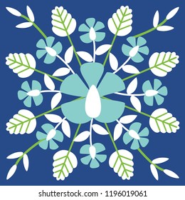 tile with leaves and blue flowers, vector illustration, convert in pattern