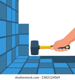 A tile master holds a rubber hammer in his hands. Laying tiles with cement adhesive. Decorative home improvement work. Home repairs. Professional work putting ceramic material. Vector illustration.