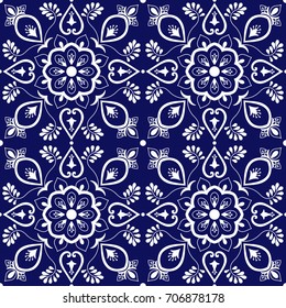 Tile mexican pattern vector with blue and white ornaments. Portuguese azulejo, puebla talavera, spanish, italian majolica or delft dutch motifs. Tiled background for wallpaper, ceramic or fabric.