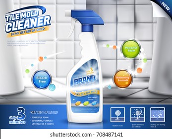 Tile mold cleaner ads, spray bottle with several efficacies in 3d illustration, before and after comparison, bathroom scene