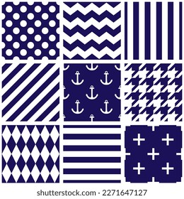 Tile navy blue and white vector pattern set with polka dots, hounds tooth, zig zag and stripes background