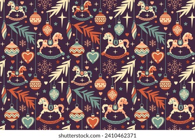 Tile Noel wallpaper. Flat style, seamless design. Vintage Christmas winter backdrop with baby horse, fir tree bauble decorations. Cozy warm background, retro wrapping paper, fabric. Hand drawn, not AI
