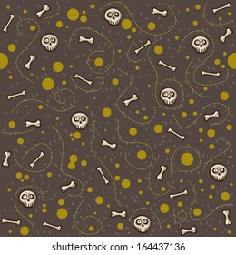 Tile, on a dark background of skulls and bones. Yellow-green circles and light dotted lines.