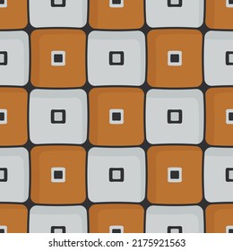 The tile is orange and white repeating and in a checkered arrangement. Retro stylish pattern for design and print.