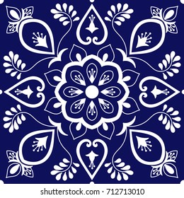 Tile Ornaments Pattern Vector With Blue And White Floral Motifs. Portuguese Azulejo, Mexican Talavera, Spanish, Italian Majolica, Delft Dutch Or Moroccan Texture For Bathroom Wall Or Kitchen Flooring.