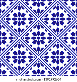 tile pattern, ceramic flower blue and white seamless background, Chinese porcelain indigo backdrop decor vector illustration