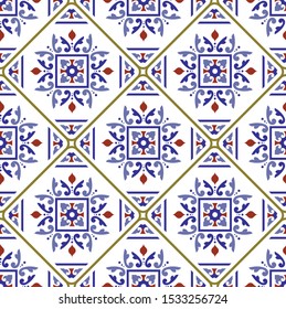 tile pattern, ceramic tiled design with colorful patchwork Turkish style, decorative floral Portugal ornament, Moroccan background, pottery folk print, Spanish tableware, seamless Mexican talavera