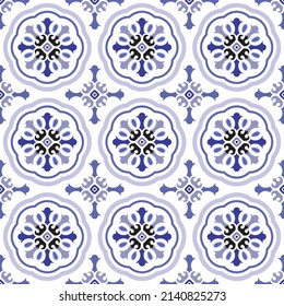 Tile pattern. Ceramic tiles. Vintage tiled. Seamless texture. Modern wallpaper. Blue and white background for your design. Floor ornament. Pottery folk print.  Abstract floral endless. Vector