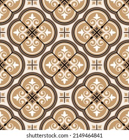 Tile pattern. Ceramic tiles. Vintage tiled. Seamless texture. Damask  wallpaper. Brown and white modern background for your design. Floor ornament. Pottery folk print.  Abstract floral endless. Vector