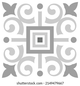 Tile pattern. Ceramic tiles. Vintage tiled. Seamless texture. Damask  wallpaper. Decorative ornament. Gray background for design. Floor ornament. Pottery folk print.  Abstract floral endless. Vector