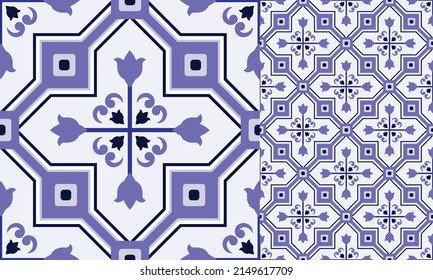 Tile pattern. Ceramic tiles. Vintage tiled. Seamless texture. Modern wallpaper. Blue and white background for your design. Floor ornament. Pottery folk print.  Abstract floral endless. Vector