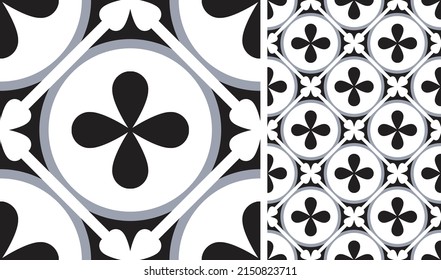 Patrón de mosaico. Baldosas de cerámica. Baldosas antiguas. Textura sin inconvenientes. Papel pintado moderno. Fondo blanco y negro para tu diseño. Ornamento del suelo. Papel folclórico de cerámica.  Resumen floral interminable. Vector