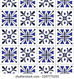 Tile pattern. Ceramic tiles. Vintage tiled. Seamless texture. Modern wallpaper. Blue and white background for your design. floor ornament. Pottery folk print. Abstract floral endless. vector