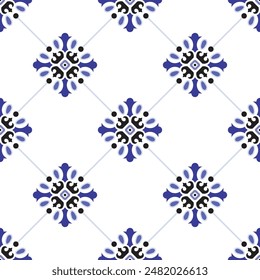 Patrón de mosaico. Baldosas de cerámica. Antiguas en mosaico. Textura sin costuras. Fondo de pantalla moderno. Fondo azul y blanco para su diseño. Adorno de suelo. Estampado popular de cerámica.  Abstractas interminable floral. Vector