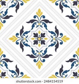 Patrón de mosaico. Baldosas de cerámica. Antiguas en mosaico. Patrón de baldosas sin costuras. Fondo de pantalla moderno. Fondo colorido para su diseño. Adorno de suelo. Estampado popular de cerámica.  Abstractas interminable floral. Vector