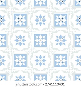 Tile pattern. Ceramic tiles. Vintage tiled. Seamless texture. Modern wallpaper. Blue and white floral background for your design. Floor ornament. Pottery folk print.  Abstract floral endless. Vector